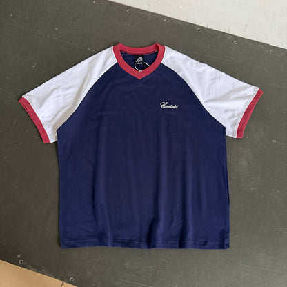 Corteiz Embroidered V-Neck Colorblock Raglan Short Sleeve Tee Oversized Streetwear Campus Style | Crtz Volt