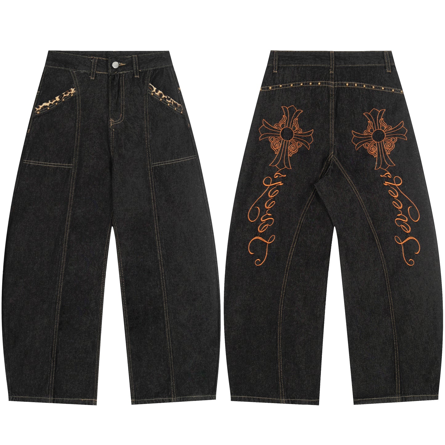 Gothic Cross Forever Embroidery Leopard Pocket Wide Leg Jeans - Black Back Detail
