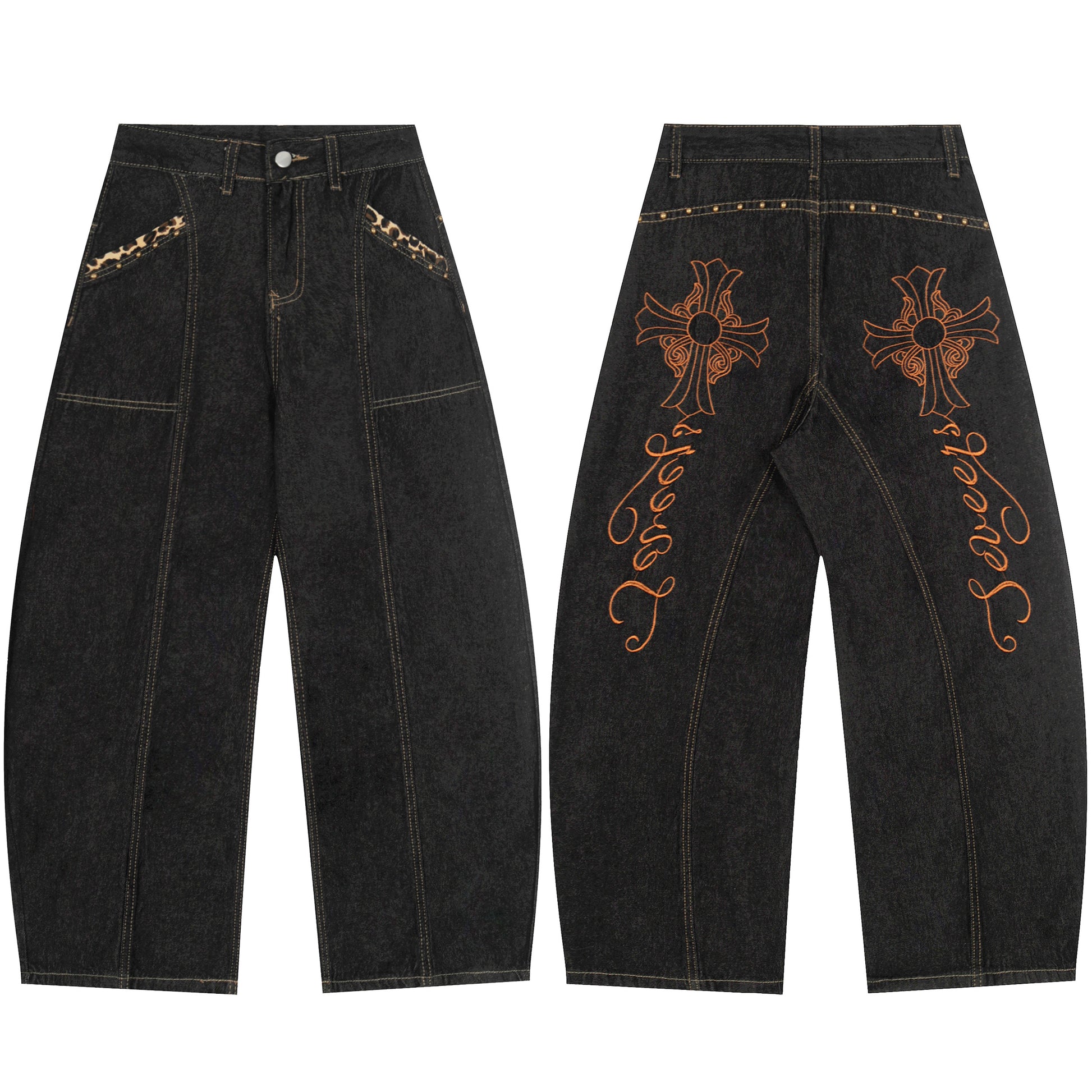 Gothic Cross Forever Embroidery Leopard Pocket Wide Leg Jeans - Black Back Detail