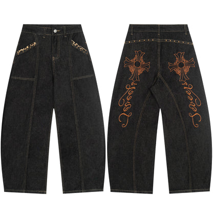 Gothic Cross Forever Embroidery Leopard Pocket Wide Leg Barrel Jeans High Waist Y2K Streetwear Denim