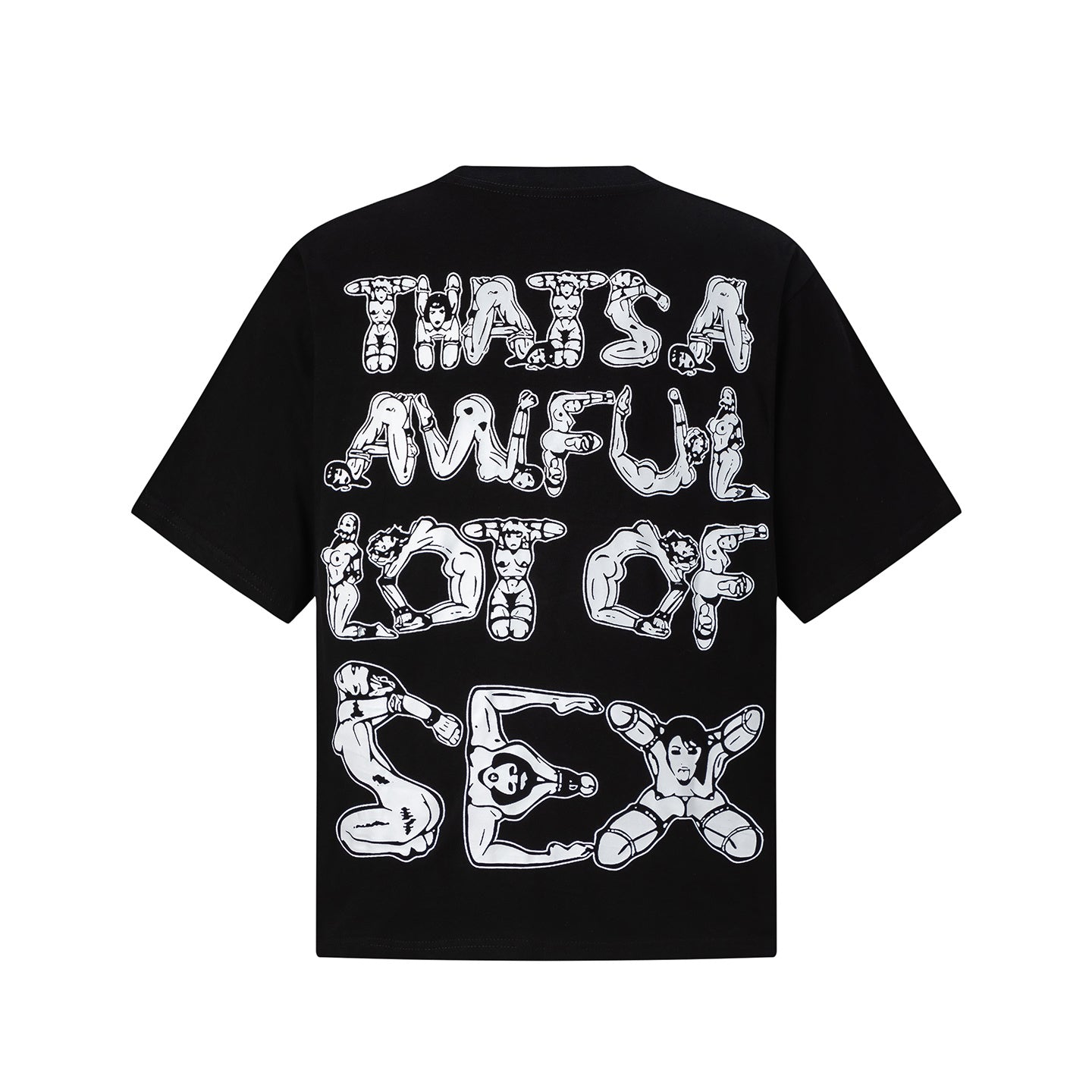 Black unisex oversized graphic T-shirt with white figure lettering print on front and back - view 11