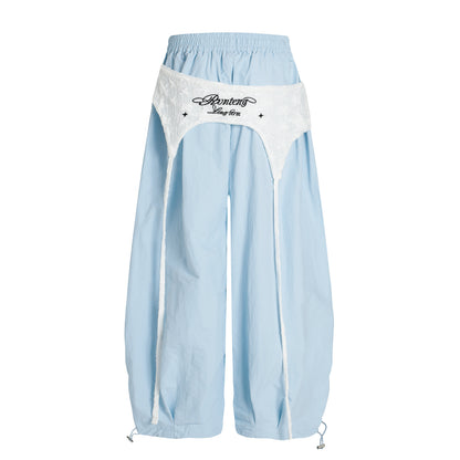 Women's Rvnteng Long-term Star Embroidery Waistband Cargo Balloon Wide Leg Pants Elastic Waist Y2K Streetwear Trousers