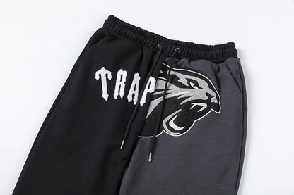Black and Charcoal Panther Graphic Hoodie and Joggers Tracksuit Set, Drawstring Two Piece Streetwear Outfit