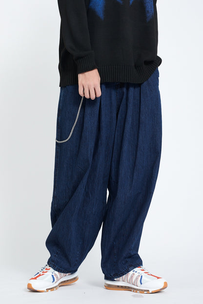 Pleated Wide Leg Denim Jogger Pants Elastic Waist Chain Detail Balloon Fit Streetwear Y2K Jeans