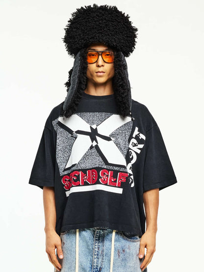 SECND SLF Xtreme Sport X Gravel Print Front Back Graphic Tee Washed Oversized Boxy Streetwear Unisex | Xtreme X
