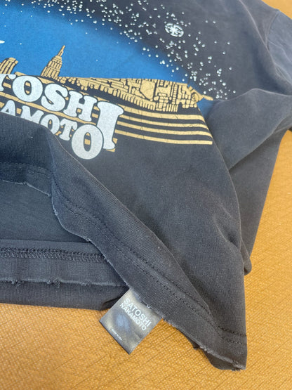Satoshi Nakamoto NYC Skyline Moonrise Short Sleeve Tee Washed Navy 300g Heavy Stone Wash Cracked Print Streetwear | NYC Moonrise Tee