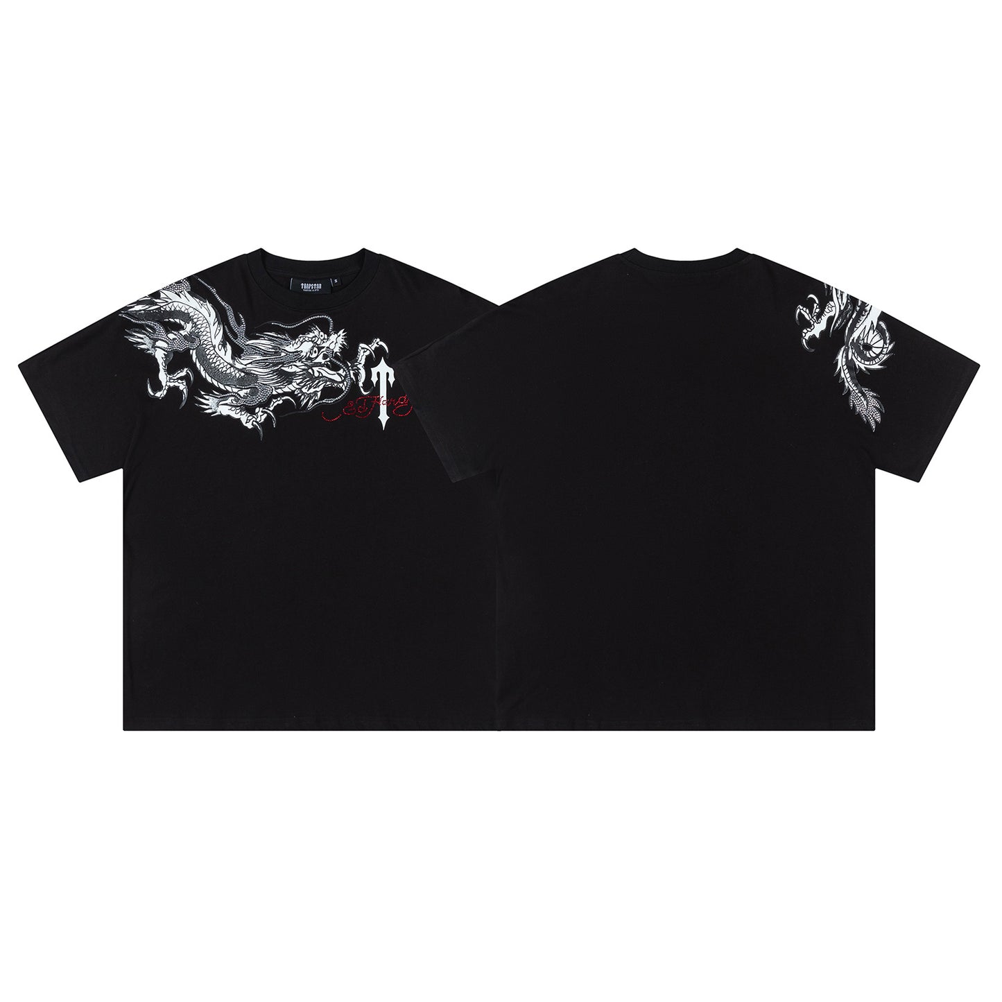 Black Trapstar unisex oversized T-shirt with white dragon graphic and rhinestone details - view 11