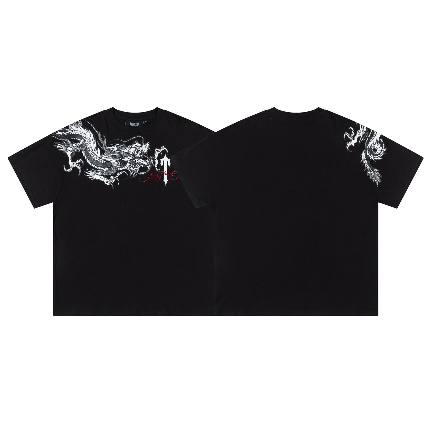 Black Trapstar unisex oversized T-shirt with white dragon graphic and rhinestone details - view 11