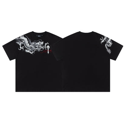 Trapstar Unisex Dragon Graphic T-Shirt, Oversized Crewneck Rhinestone Streetwear