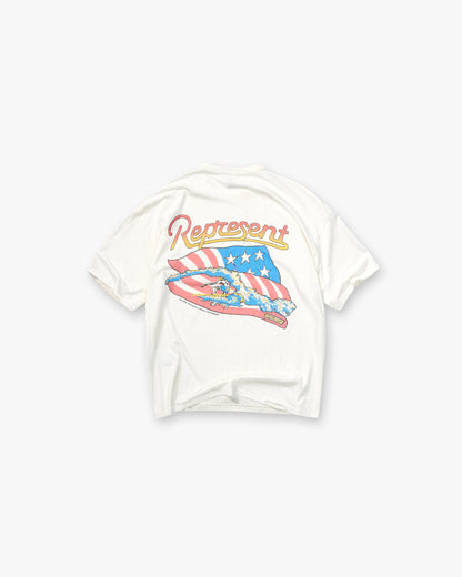 Represent Nothing Faster Boxy Graphic Tee Washed Heavyweight Pocket Surfer American Flag Print Vintage Streetwear T-Shirt | Wave Flag