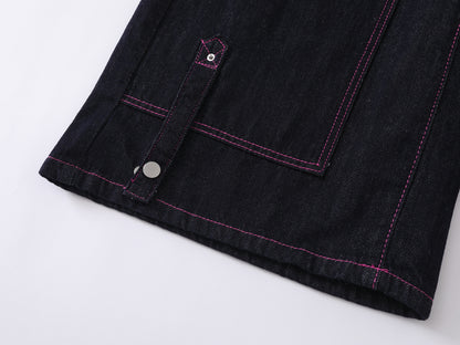 Heart Pocket Guitar Embroidery Wide Leg Denim Shorts Pink Stitch Button Fly Rhinestone Streetwear Baggy Jean Shorts | Rock Heart