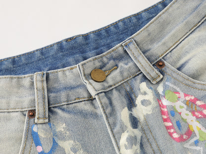 Graphic Chain Print Wide Leg Baggy Jeans Washed Denim High Waist Streetwear Y2K Casual Pants
