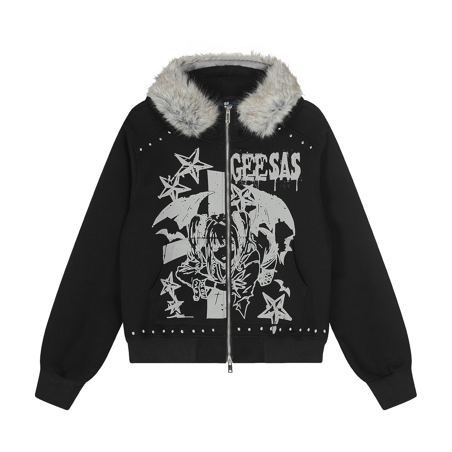 Anime graphic faux fur collar zip hoodie jacket - white front
