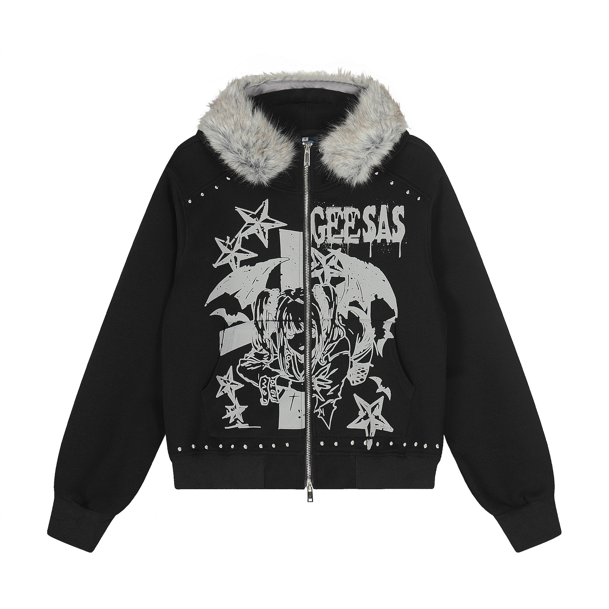 Anime graphic faux fur collar zip hoodie jacket - white front