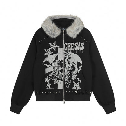 Anime Graphic Faux Fur Collar Zip Hoodie Jacket Studded Streetwear Y2K Grunge Winter Coat