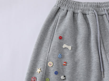 Colorful Button Badge Wide Leg Sweatpants Kawaii Charm Elastic Waist Baggy Fleece Pants Casual Streetwear Balloon Trousers | Button Drop