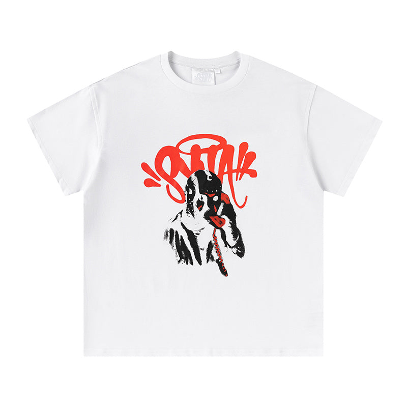 Unisex white graphic T-shirt with red graffiti-style print and black illustrated front graphic - view 11