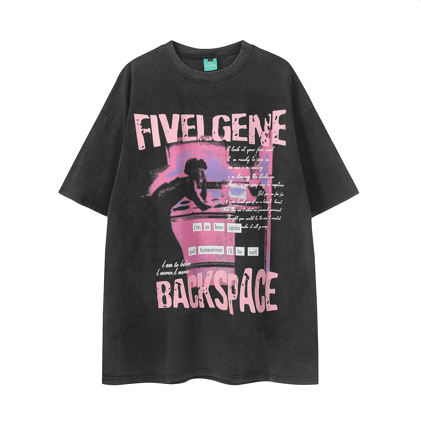 Brown tee front FIVELGENE BACKSPACE pink graphic