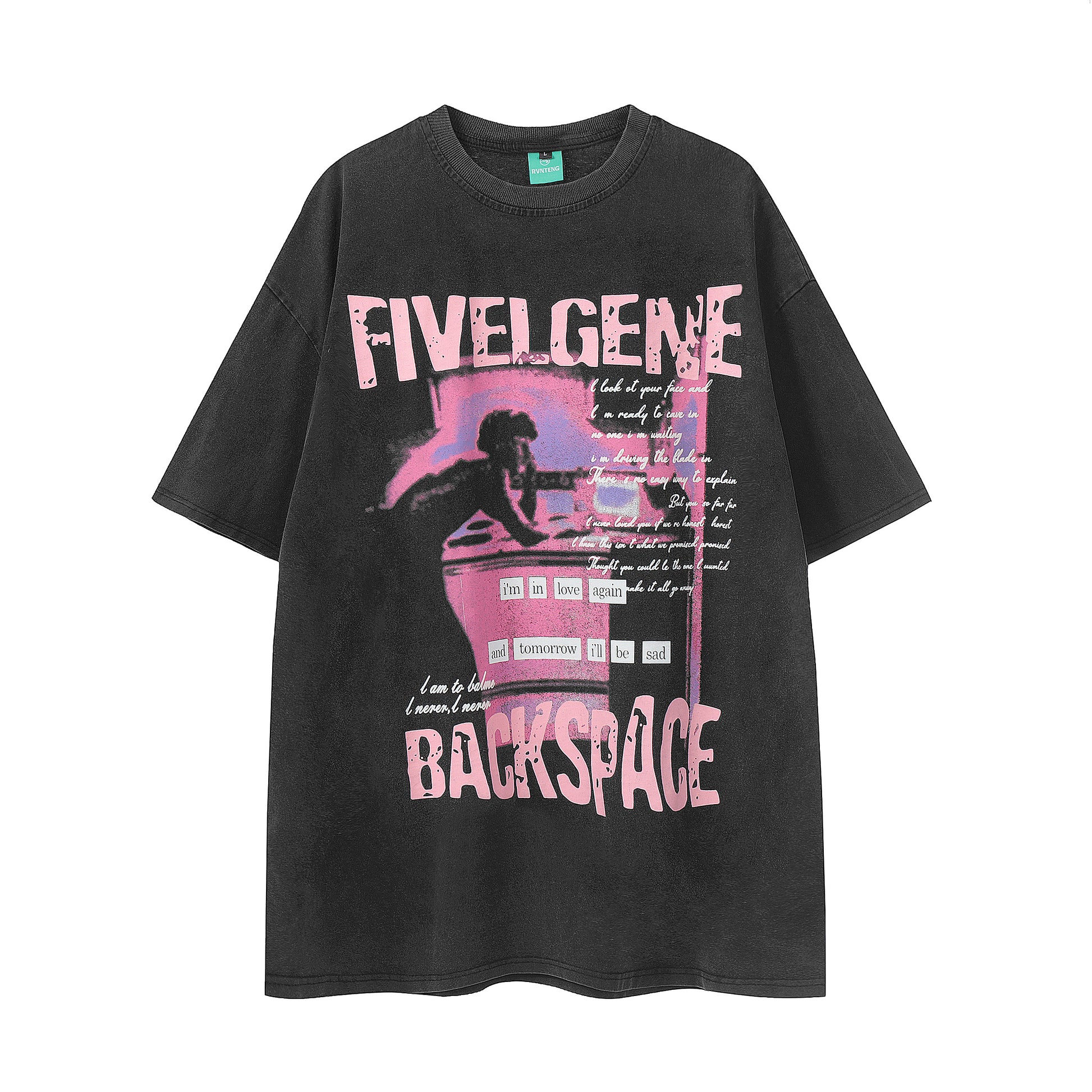 Brown tee front FIVELGENE BACKSPACE pink graphic