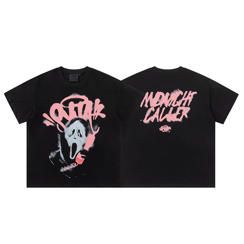 Black unisex graphic T-shirt with pink and white masked face print, crew neck, and short sleeves - view 11