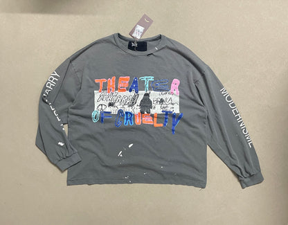 Paly Hollywood Theater of Cruelty Boxy Long Sleeve Tee Washed Distressed Linen Cotton Colorful Graffiti Print Vintage Streetwear Top | Theater Cruelty