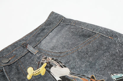 Women's Multi Patch Embroidery Charm Pendant High Waist Washed Denim Shorts Y2K Streetwear Bermuda Jean Shorts