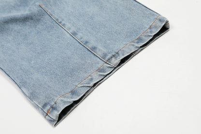 Plaid Scarf Waist Tie Drawstring Wide Leg Jeans Cargo Pocket Hem Slit Baggy Denim Y2K Streetwear