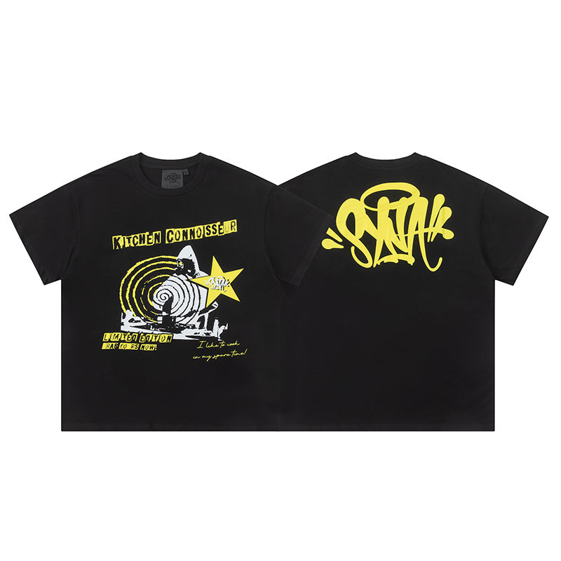 Men's black crew neck short sleeve graphic T-shirt with yellow and white front print - view 11