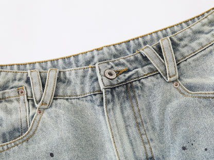Dog Graphic Paint Splatter Cargo Denim Shorts Wide Leg High Waist Washed Multi-Pocket Streetwear Summer Casual Jean Shorts | Pup Cargo