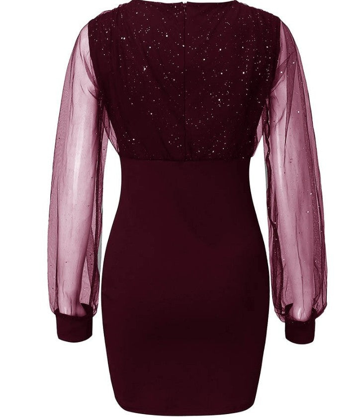 Mesh V-neck sequined dress slim sexy dress in stock