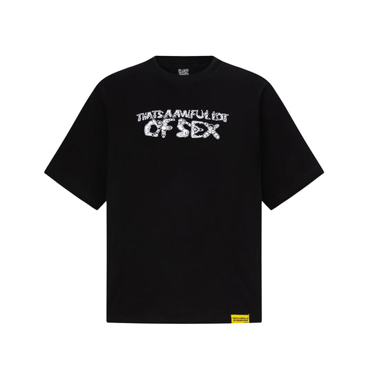 Black unisex oversized graphic T-shirt with white figure lettering print on front and back - view 12