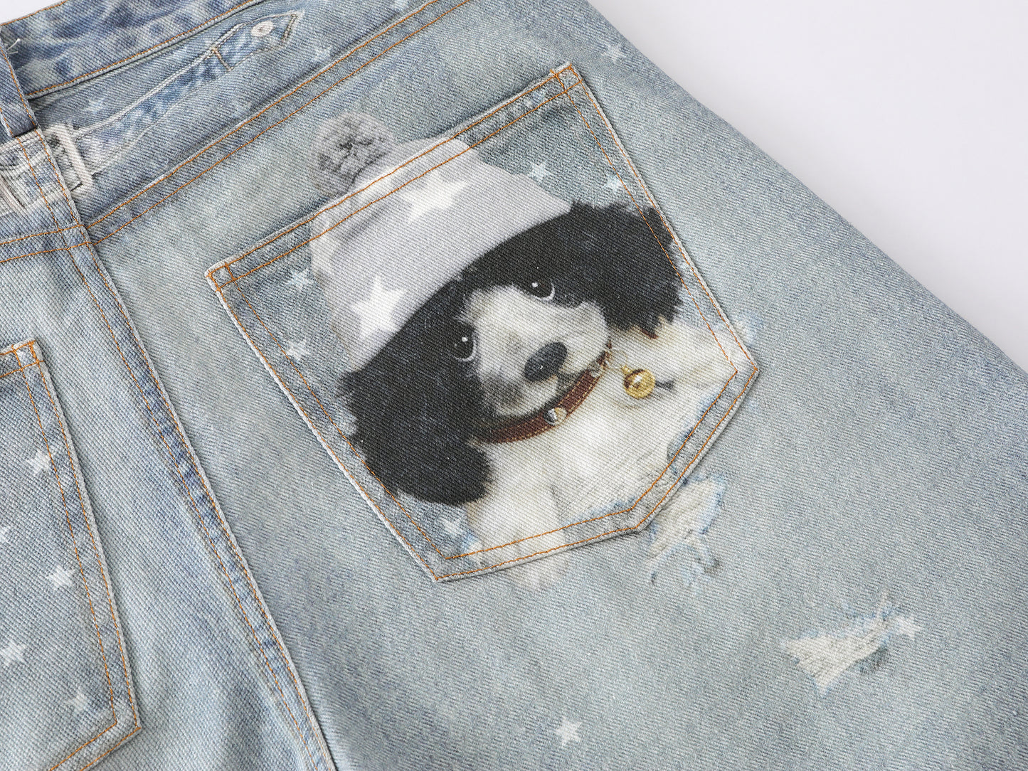 3D Plush Bear Peek Hole Denim Shorts Star Print Distressed High Waist Casual Streetwear Baggy Jean Shorts | Peek Bear
