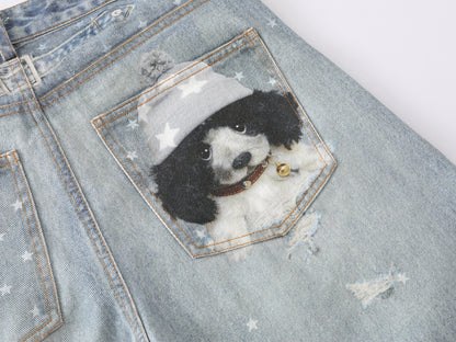 3D Plush Bear Peek Hole Denim Shorts Star Print Distressed High Waist Casual Streetwear Baggy Jean Shorts | Peek Bear