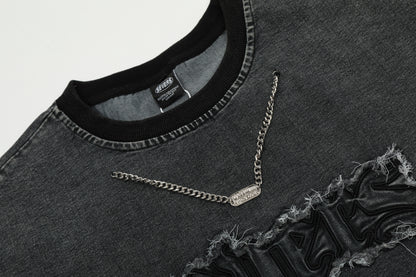 Oversized Washed Graphic Chain Embroidery Crewneck Short Sleeve Tee Streetwear Hip Hop Casual Summer T-Shirt