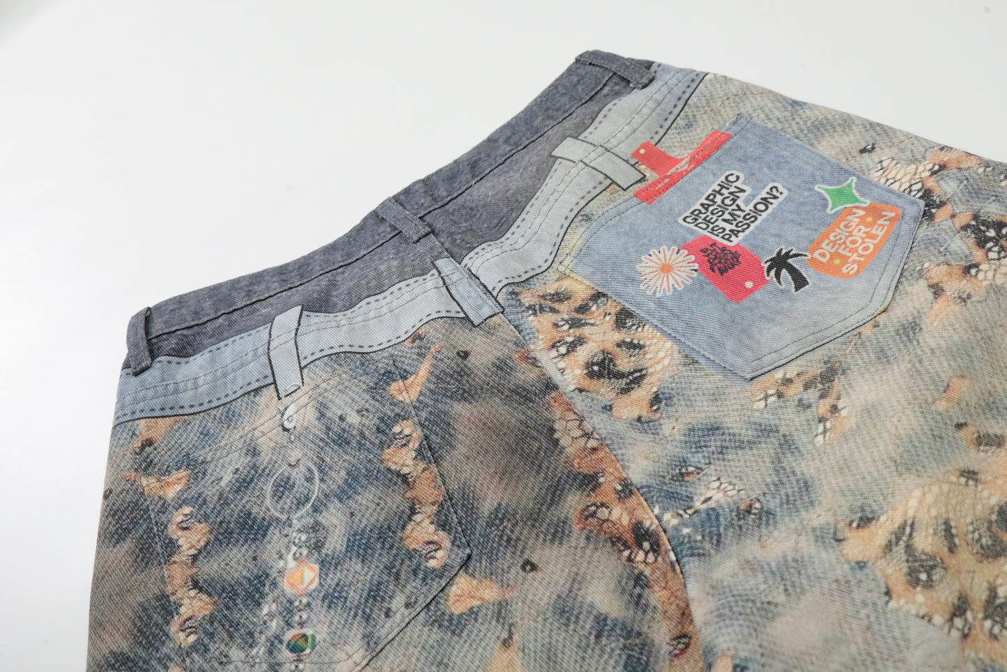 Women's Allover Graphic Print Bear Charm Chain High Waist Wide Leg Denim Shorts Y2K Streetwear Bermuda Jean Shorts