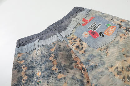 Women's Allover Graphic Print Bear Charm Chain High Waist Wide Leg Denim Shorts Y2K Streetwear Bermuda Jean Shorts