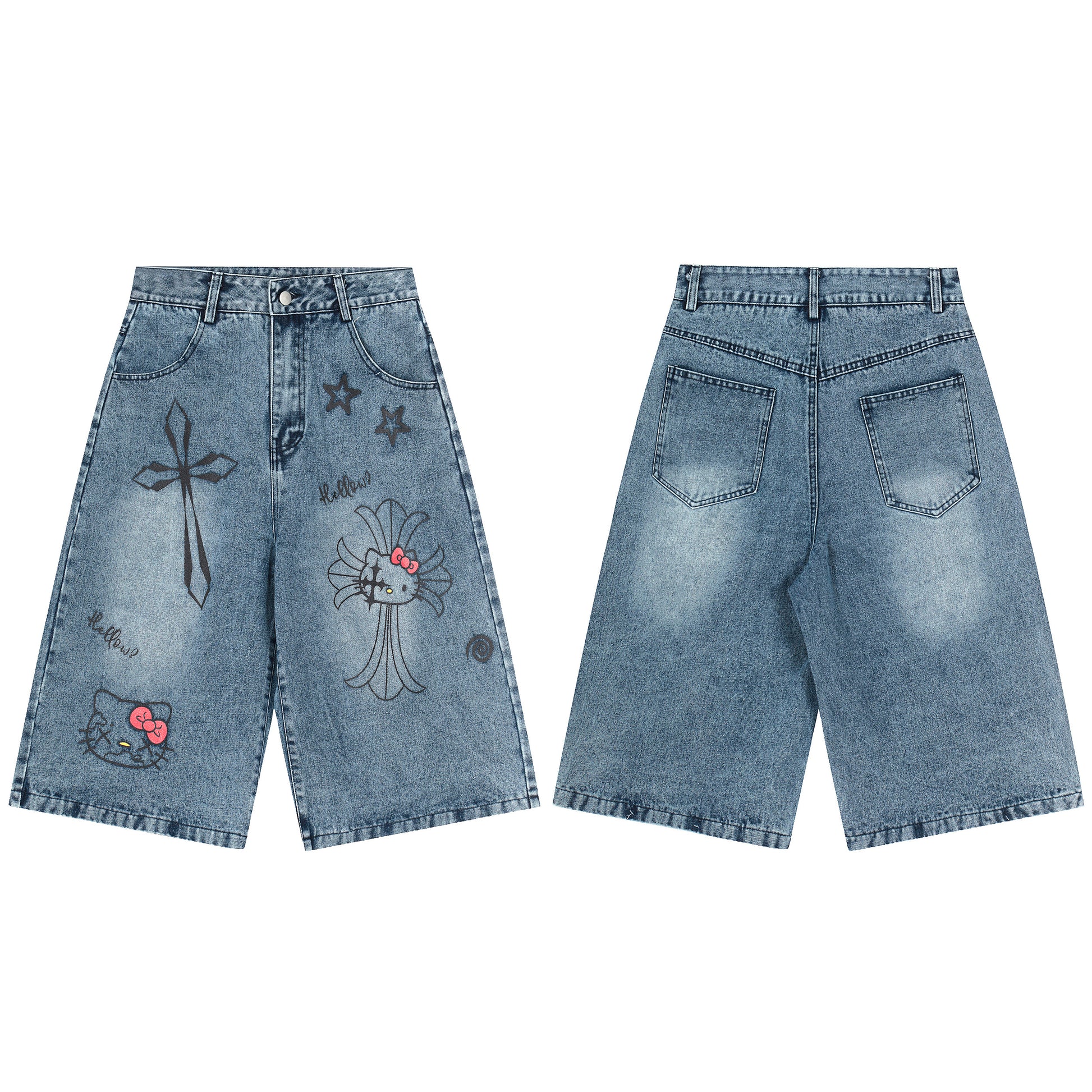 Hello Kitty Cross Star Wide Leg Denim Shorts - Light Blue Detail
