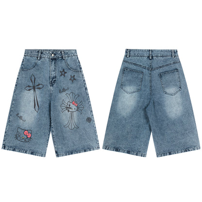 Hello Kitty Cross Star Graphic Wide Leg Denim Shorts High Waist Washed Y2K Streetwear Summer Shorts