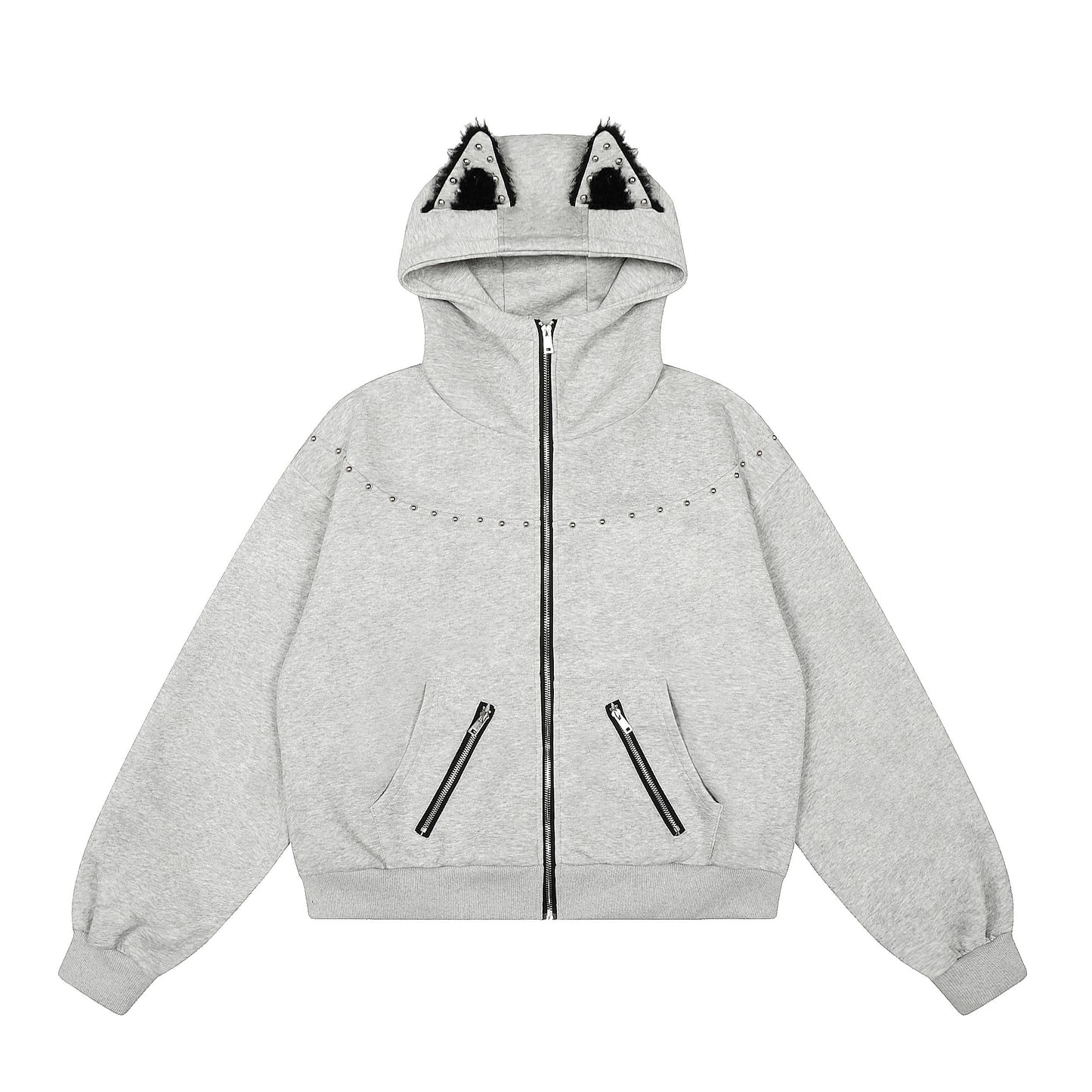Cat Rivet Cat Ear Zip Hoodie Gray Front
