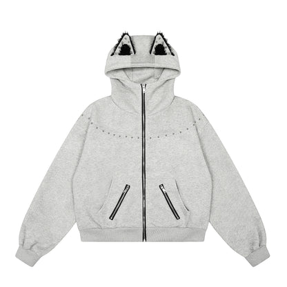 Cat Rivet 3D Cat Ear Rivet Zip Up Hoodie Oversized Streetwear Y2K Egirl Grunge Fleece Lined Sweatshirt | Cat Rivet