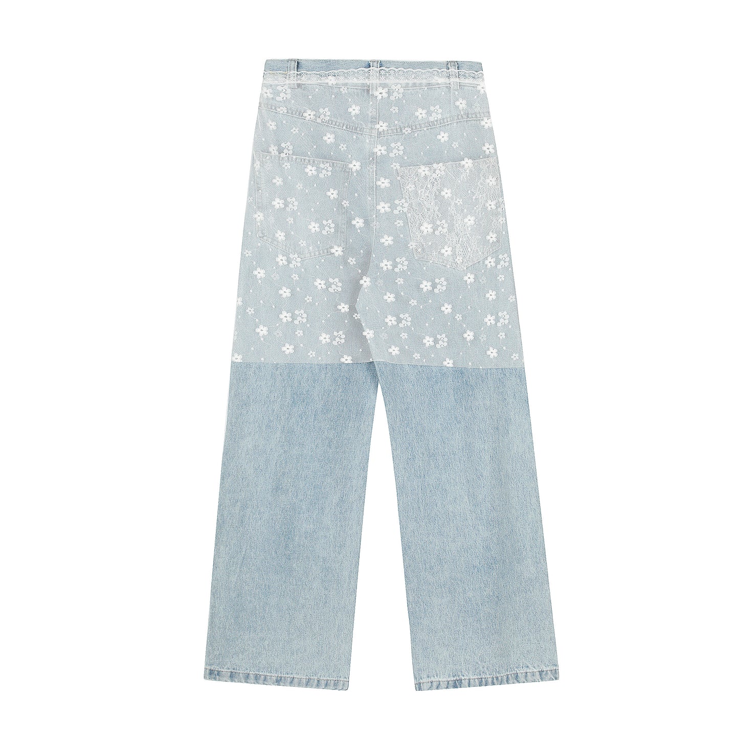 Women's Lace Belt Floral Patchwork Ripped Wide Leg Jeans - Blue Back View