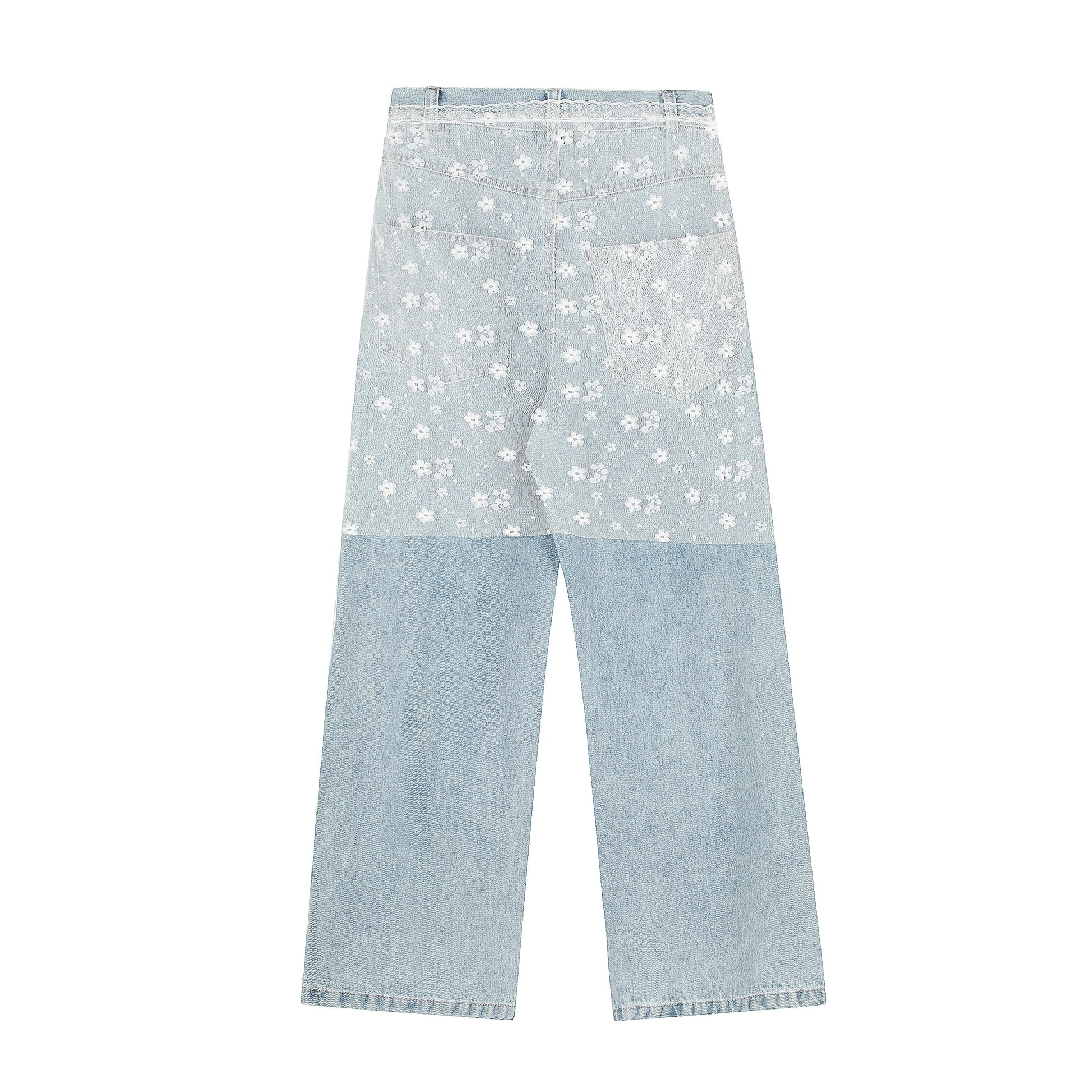 Women's Lace Belt Floral Patchwork Ripped Wide Leg Jeans - Blue Back View