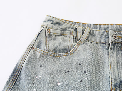 Dog Graphic Paint Splatter Cargo Denim Shorts Wide Leg High Waist Washed Multi-Pocket Streetwear Summer Casual Jean Shorts | Pup Cargo