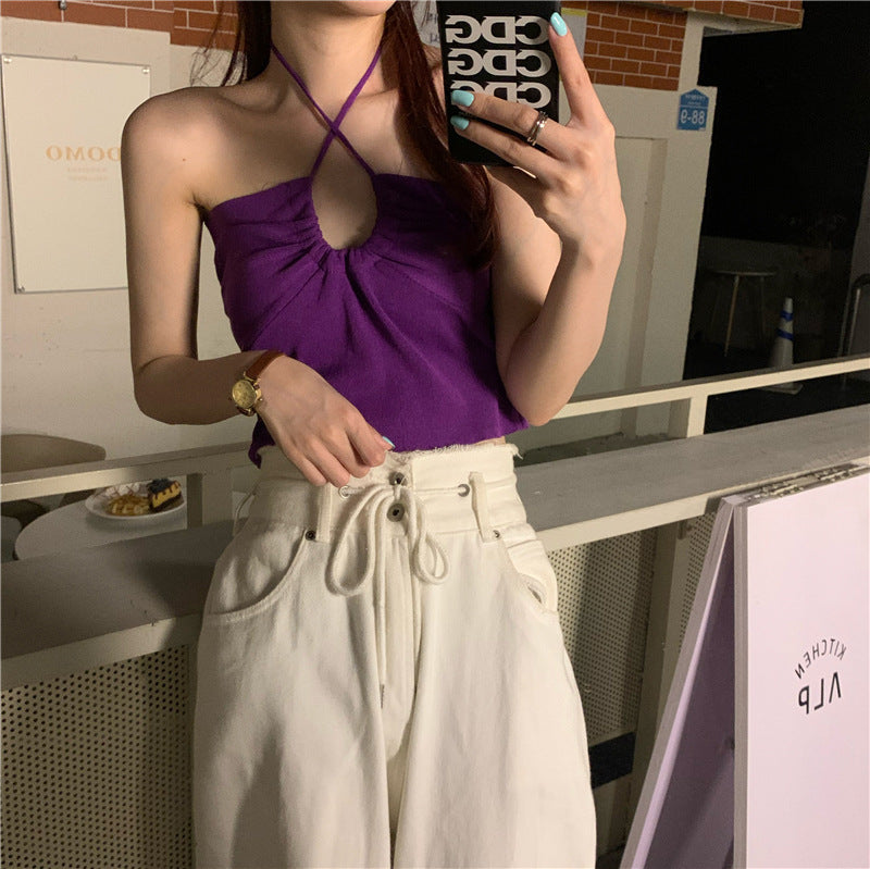 Summer New European and American small low-cut drawstring multi-wear halter vest women's figure-flattering belly-exposing short top