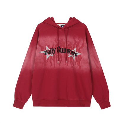 Daily Sunward Flame Star Tie-Dye Gradient Fleece Hoodie Oversized Streetwear Y2K Grunge Warm Winter Pullover Sweatshirt | Flame Drift