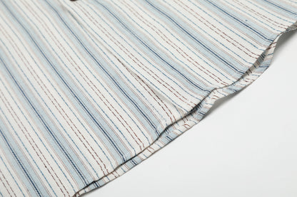 Stripe Fringe Collar Linen Cotton Short Sleeve Shirt Oversized Button Down Leather Buckle Detail Casual Summer Top | Fringe Stripe