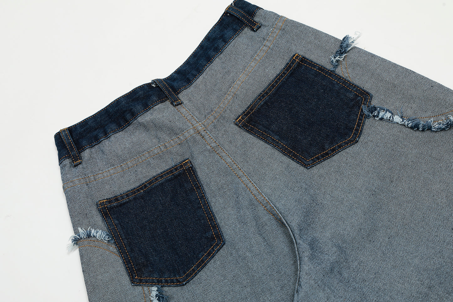 Dark Navy Waistband Raw Edge Arc Cutout Patchwork Baggy Wide Leg Jeans Deconstructed Y2K