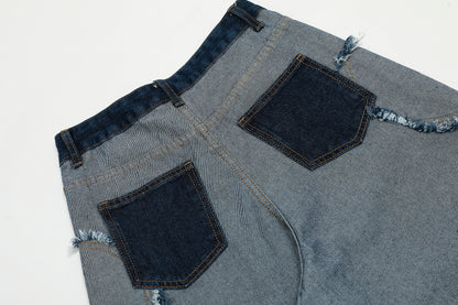 Dark Navy Waistband Raw Edge Arc Cutout Patchwork Baggy Wide Leg Jeans Deconstructed Y2K