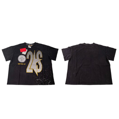 SECND SLF 25 Target Stripe Distressed Short Sleeve Tee Washed Black Boxy Heavy Ink Splash Post-Apocalyptic Streetwear | Target 25 Tee