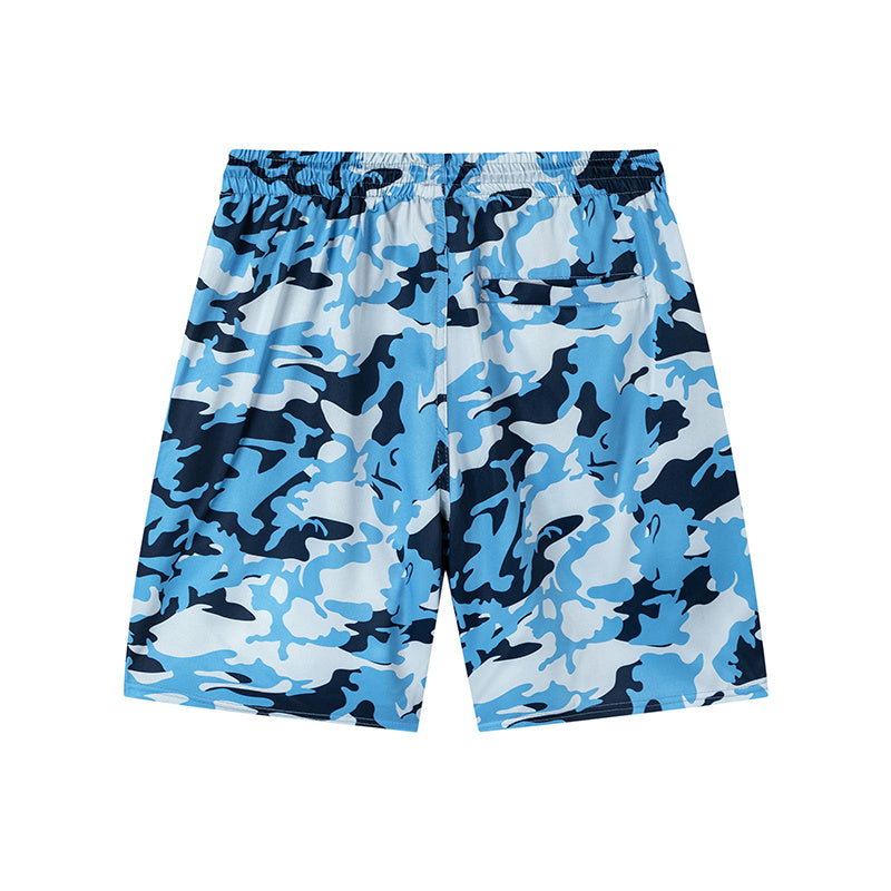 Blue camouflage drawstring shorts with white hem graphic and elastic waist - view 12
